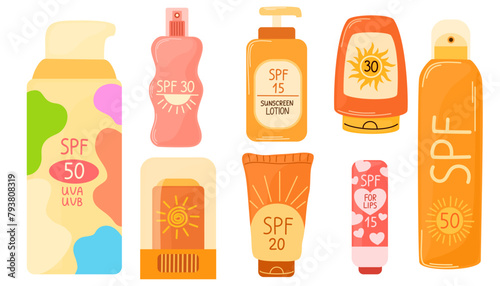Sunscreen products set isolated. SPF protection and sun safety concept. SPF summer products lotion, cream, spray.