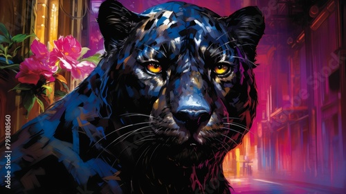 he enigmatic panther  clad in a sleek midnight velvet coat  prowls through a neon-lit urban jungle. A diamond-studded collar gleams  and its emerald eyes reflect the city s nocturnal mystique  exuding