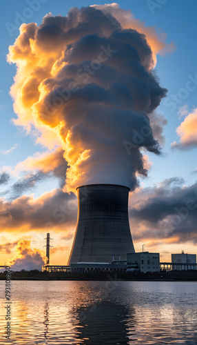 Smoke from cooling towers of nuclear power plant blends with sky at sunset