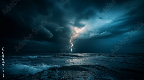 A dramatic landscape of lightning illuminating the dark sky over the vast ocean, creating a stunning natural spectacle. © Gun