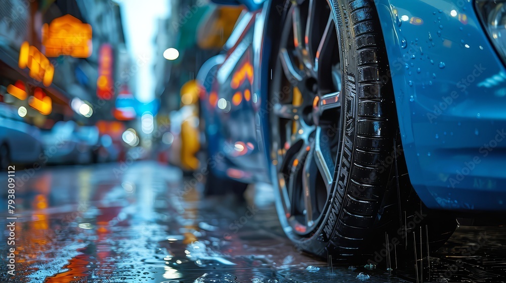 Fototapeta premium Car on the road, wet, after rain, low side view