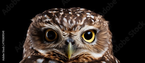 Owl with piercing yellow eyes against dark backdrop