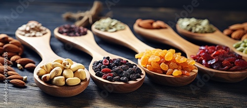 Wooden spoon with assorted nuts photo