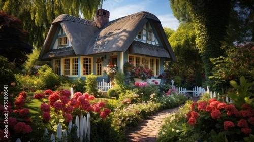A charming house with a thatched roof is surrounded by a colorful array of blooming flowers