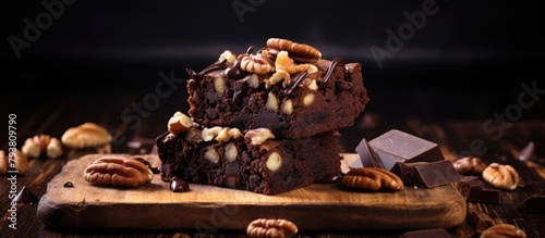 Chocolate brownies with chopped nuts and chocolate on a wooden board