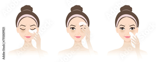 Direction for use eye treatment mask vector isolated on white background. Woman apply eye mask patches on tired face skin to recover forehead creases, crows feet, dark circle and smile lines.