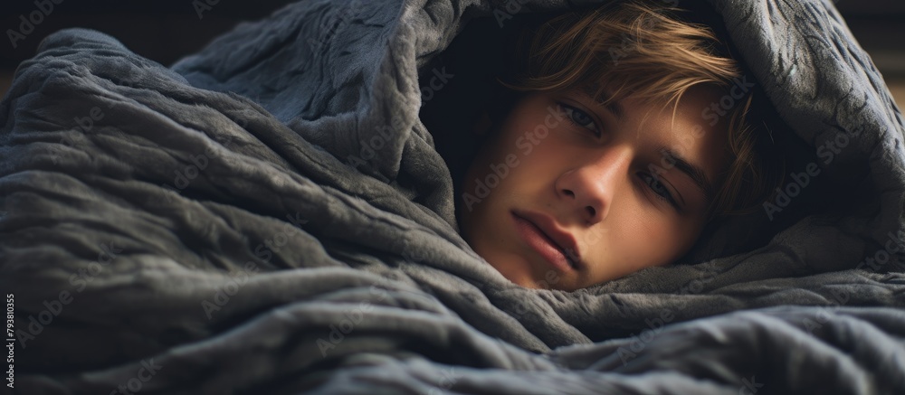 Boy hiding under blankets