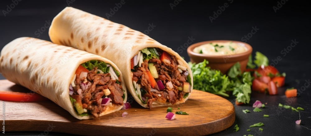 Two burritos prepared with meat and veggies on a cutting board