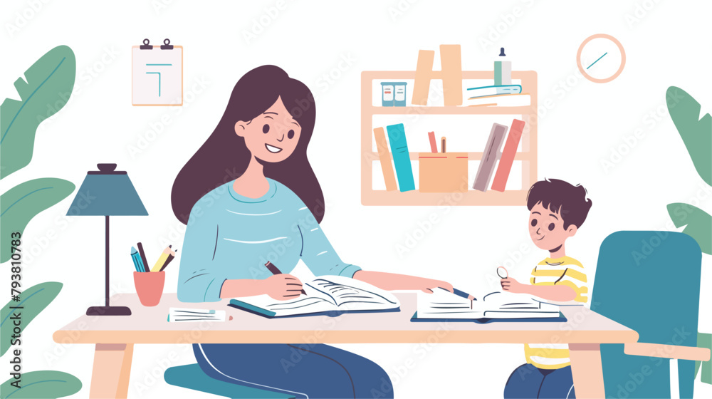 Female teacher and boy studying. Concept illustration