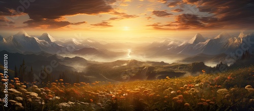 Mountain landscape with floral meadow under a setting sun