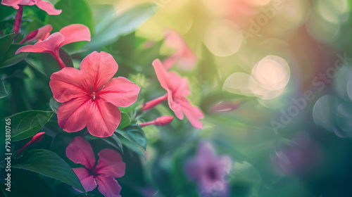 Closeup of pink and red flower on blurred greenery background © Cedar