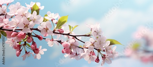 Cherry tree branch adorned with pink blooms photo