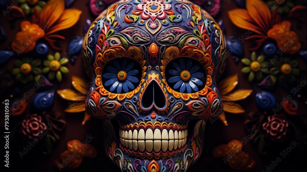 Ornately Decorated Skull with Vibrant Floral Patterns Symbolizing Mexican Day of the Dead