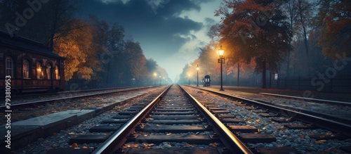 Train track illuminated by light