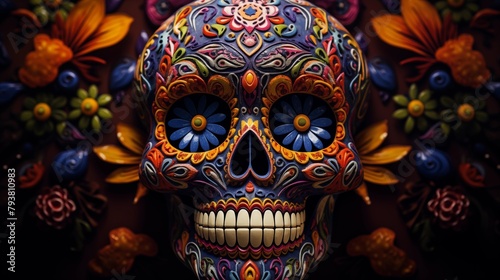 Ornately Decorated Skull with Vibrant Floral Patterns Symbolizing Mexican Day of the Dead © Miva
