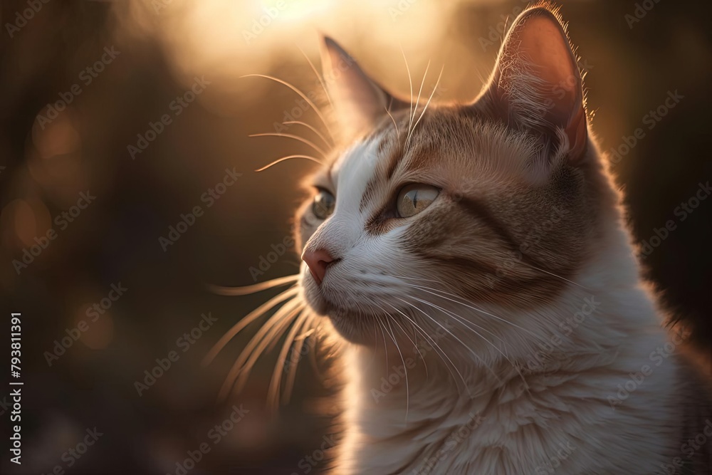 Close-Up Cat Portrait with Sun Background in Golden Hour Light 