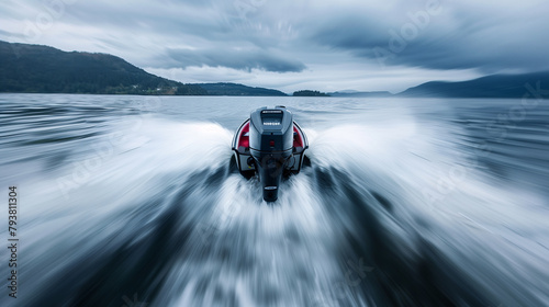 Speedboat in motion on a cloudy day. photo
