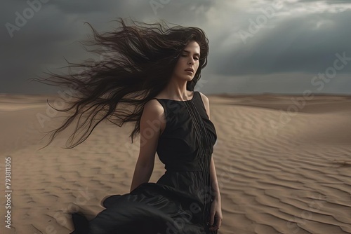 Woman in Black Dress with Long Windy Hair in Desert