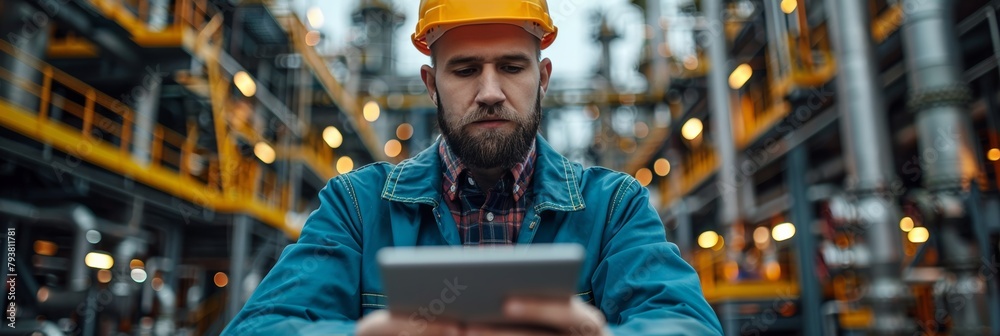 Tablet-equipped technician overseeing gas processing plant functions