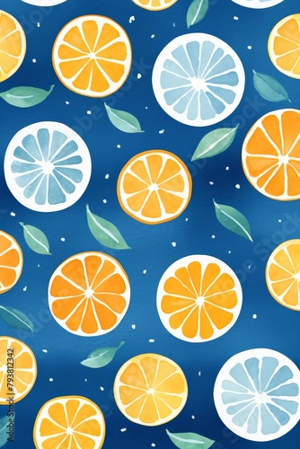 A pattern of watercolor orange slices on a blue background.