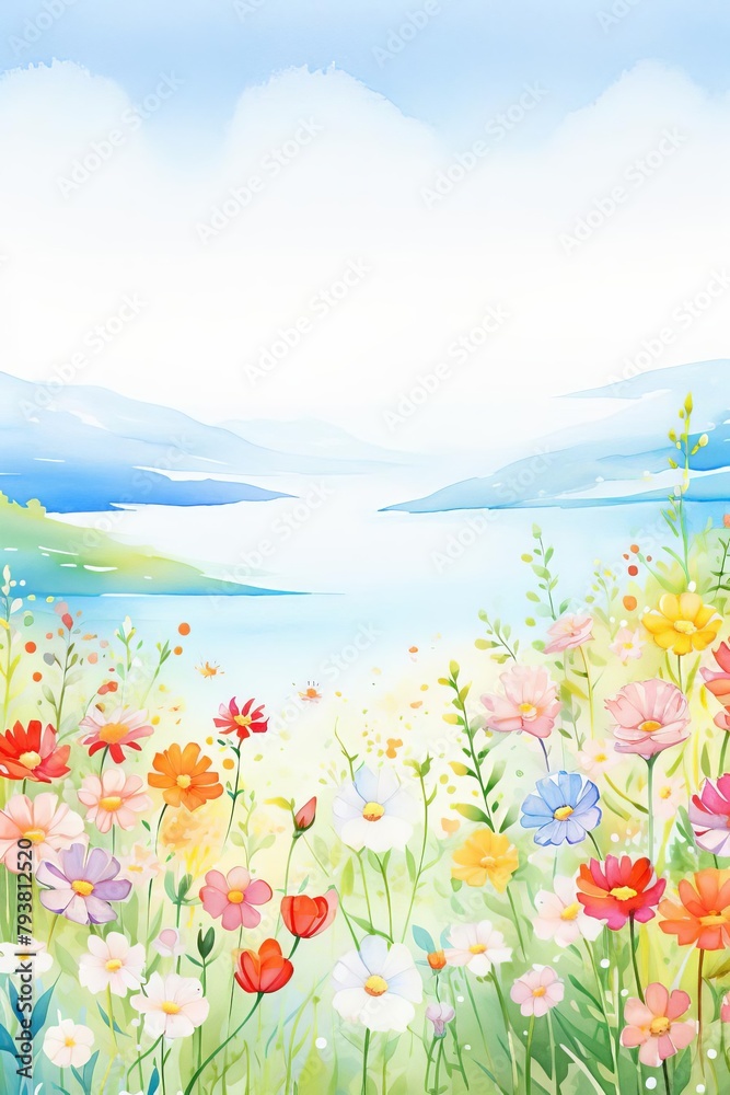 A watercolor painting of a field of flowers in front of a lake and mountains.