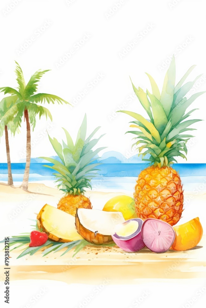 A watercolor painting of a pineapple, coconut, and other tropical fruits on the beach with palm trees in the background. A watercolor painting of a pineapple, coconut, and other tropical fruits on the beach with palm trees in the background.