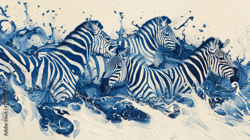 A painting of four zebras in the ocean photo