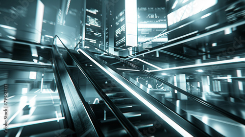A futuristic cityscape with escalators and a bright neon sky. Concept of motion and energy, as if the city is constantly in motion. The escalators are a symbol of progress and modernity photo