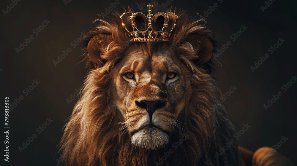 A lion crowned with a regal tiara, ruling the animal kingdom , hyper realistic, low noise, low texture