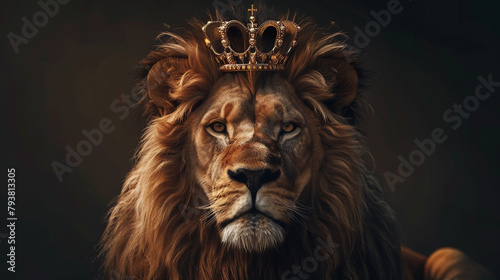 A lion crowned with a regal tiara, ruling the animal kingdom , hyper realistic, low noise, low texture