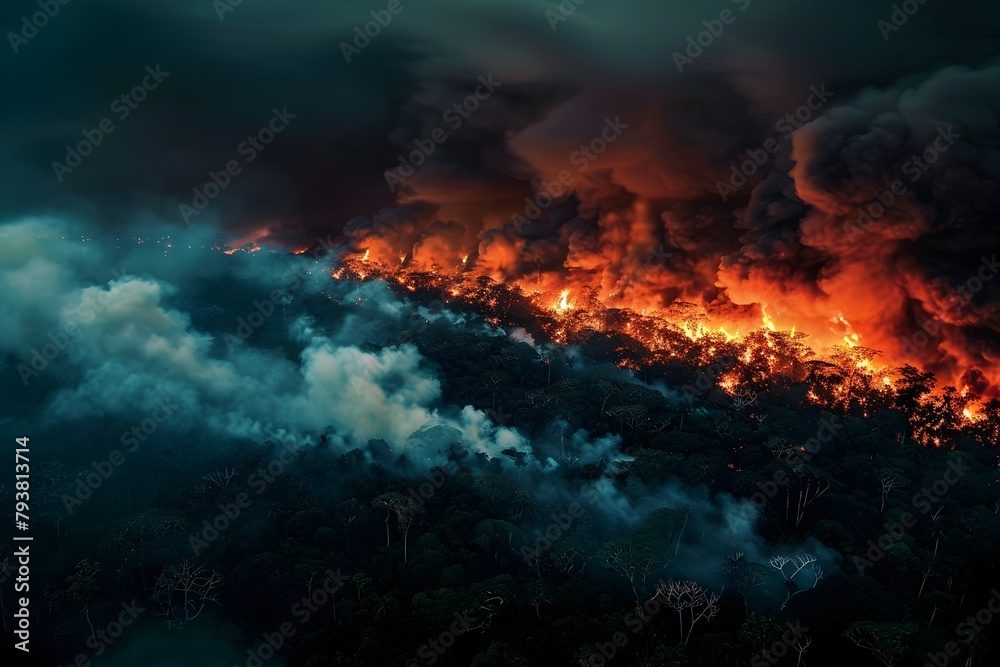 Aerial Night View of Burning Rainforest with Raging Flames and Thick Smoke Engulfing the Sky in a Cinematic Epic Masterpiece