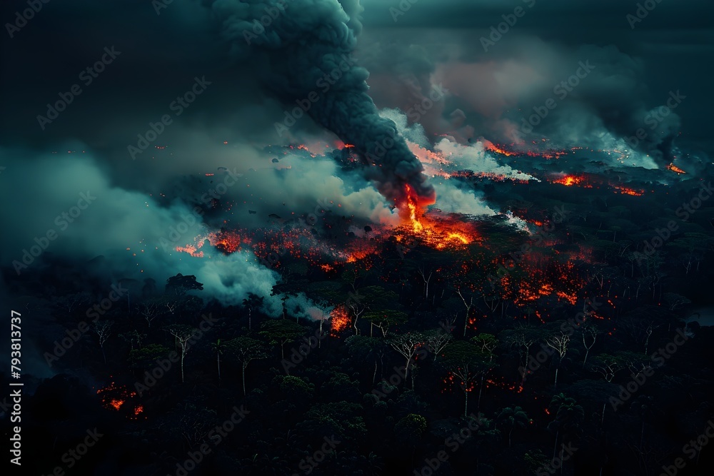 Aerial View of Burning Rainforest at Night with Smoke and Flames Filling the Sky in a Cinematic Photographic Masterpiece