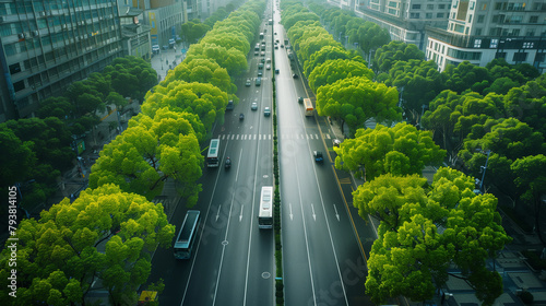 Aerial view of a street with cars and trees