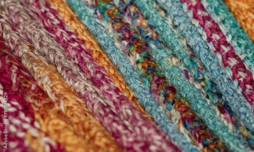 A close-up texture, of multicolored knitted fabric. The fabric of different colors including blue, green, yellow, red and purple, arranged in rows creating a patchwork effect.