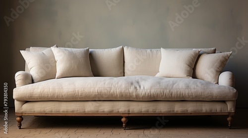 A white couch elegantly placed on a wooden floor