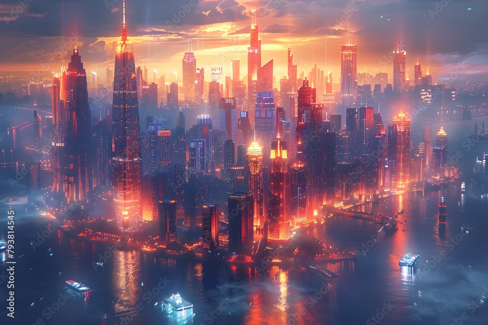 Obraz premium Glowing Metropolis Skyline Illuminated at Dusk with Futuristic Architectural Skyscrapers and Cityscape