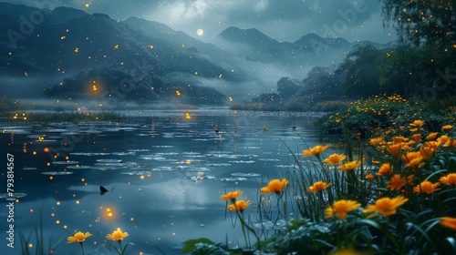 A tranquil pond bathed in moonlight fills the background A colony of fireflies illuminates the scene, their glowing orbs floating in the air In the foreground, on the right side, a cluster of cheerful