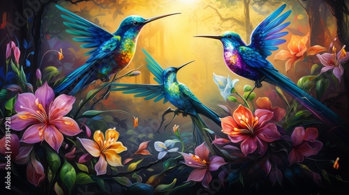 A vibrant painting featuring two hummingbirds perched on a branch surrounded by colorful flowers
