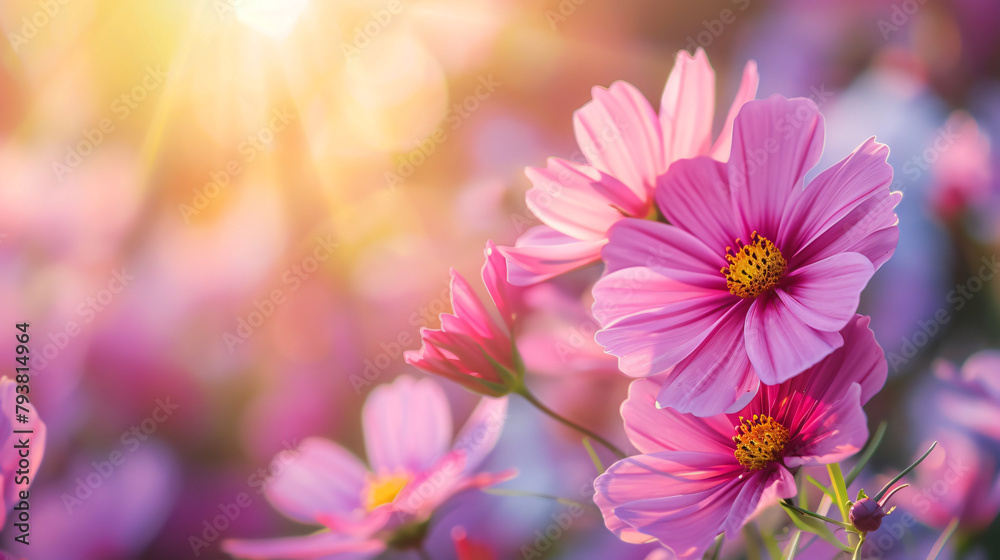 Closeup of pink purple flower under sunlight with copy space