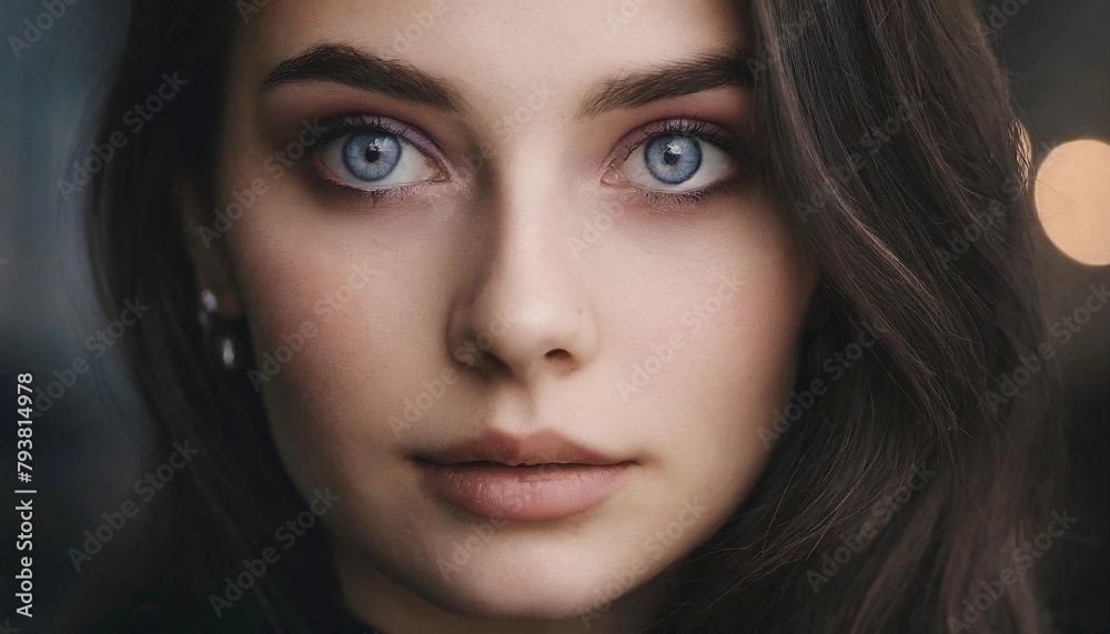 Portrait of beautiful pretty dark hair  woman with blue eyes - stunning gorgeous attractive, exceptionally beautiful eyes