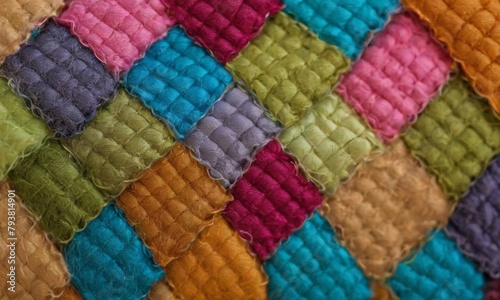 A close-up texture, of multicolored knitted fabric. The fabric of different colors including blue, green, yellow, red and purple, arranged in rows creating a patchwork effect.