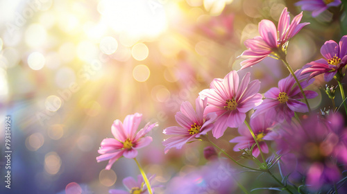 Closeup of pink purple flower under sunlight with copy space © Cedar