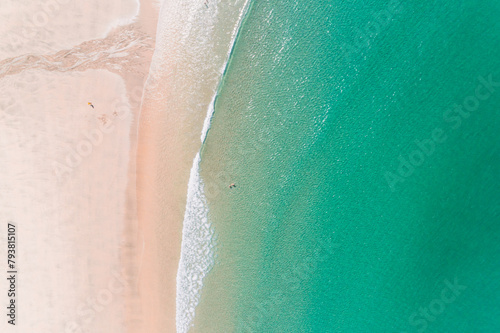 Empty turquoise water beach in the Algarve, Portugal. Aerial overhead view with drone