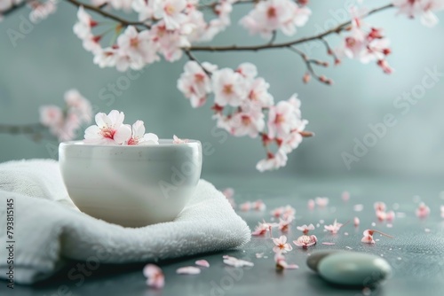 Serene Cherry Blossoms Spa Concept with Ceramic Bowl and Zen Stones