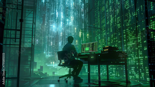 A man focused at his desk, typing feverishly on his computer, lost in the world of hacking photo