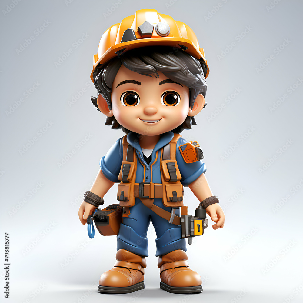 3D Render of Cute Little Boy Wearing Construction Worker Uniform