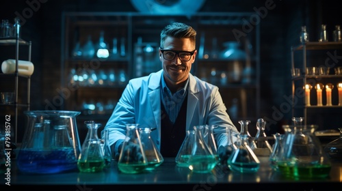 A man in a lab coat sits at a table surrounded by vials of green liquid, engaged in an intriguing experiment