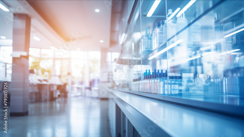 Pharmacy blurred light tone with store drugs shelves interior background. Concept of pharmacist, defocused background of pharmacy business store.