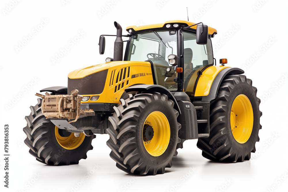Agricultural yellow tractor on white background. Topics related to agriculture. Topics related to the agricultural world. Image for graphic designer. Agricultural job offer. Organic farming. Agricultural yellow tractor on white background. Topics related to agriculture. Topics related to the agricultural world. Image for graphic designer. Agricultural job offer. Organic farming.