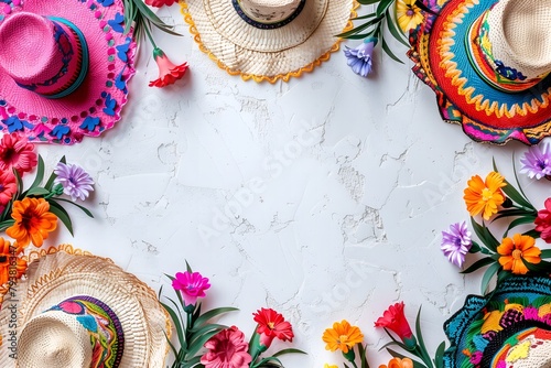 Frame of colorful hats and flowers on a white background, Cinco de mayo celebration concept, free space photo